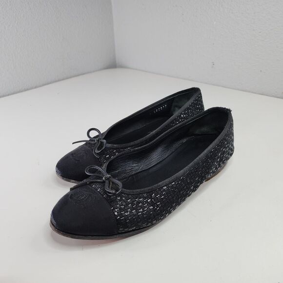 Chanel Glitter Tweed Ballet Flats Black Grosgrain Cap Toe Bow 37 Made in Italy - Picture 12 of 16